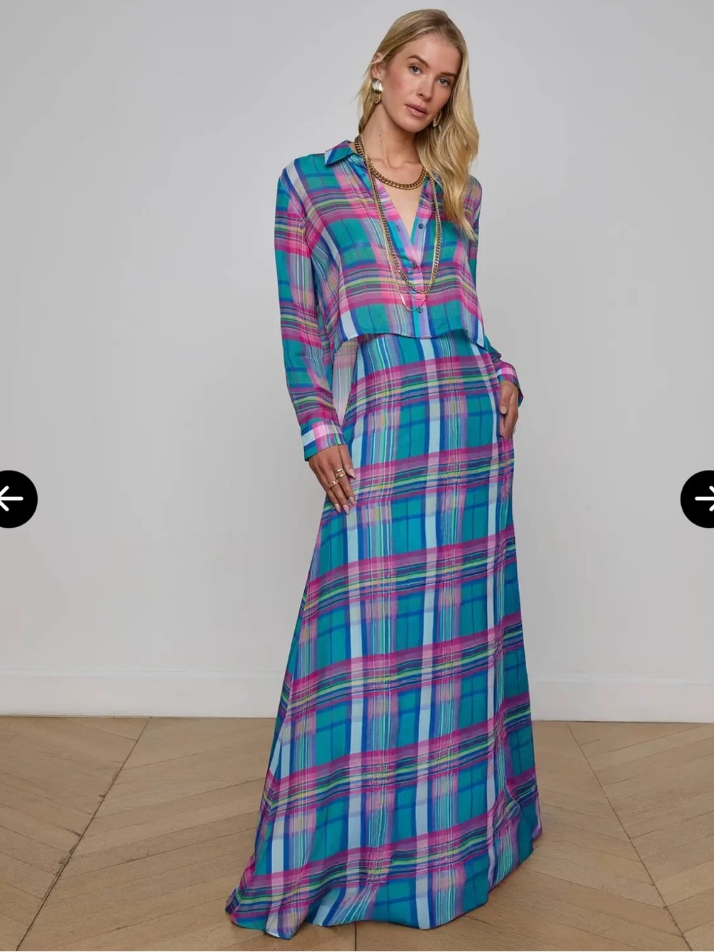 L’AGENCE Patricia Plaid Chiffon Maxi Skirt Pink Blue NWT Sz 2